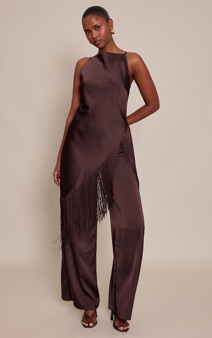 Deep Chocolate Satin Fringe Detail Jumpsuit image 1