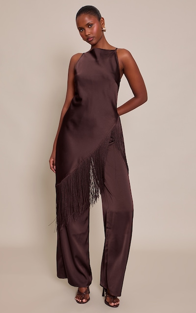 Deep Chocolate Satin Fringe Detail Jumpsuit