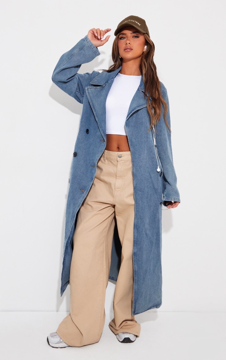 Vintage Blue Wash Denim Button Front Belted Trench Coat image 1