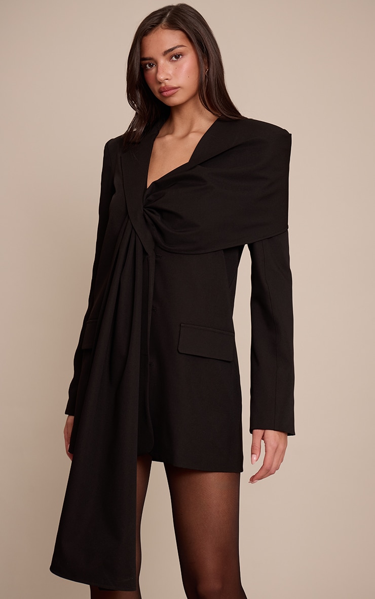 Black Woven Scarf Detail Blazer Dress image 1