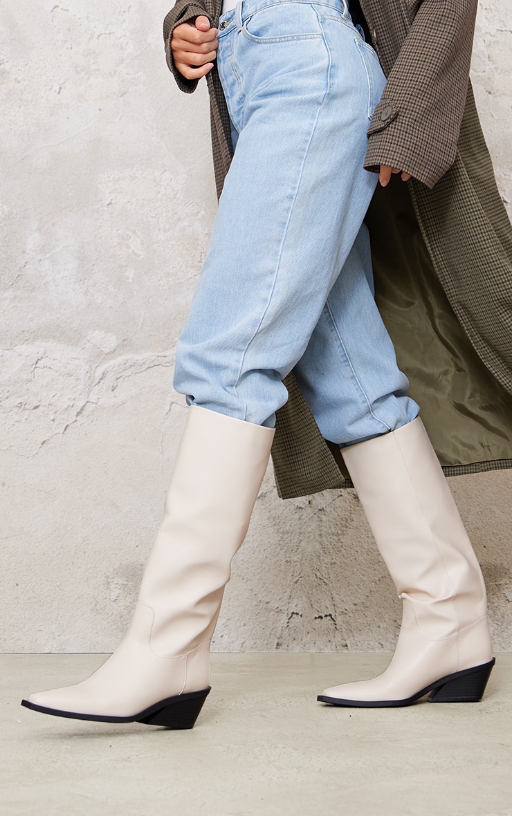 Cream PU Point Toe Black Heel Western Boots image 3