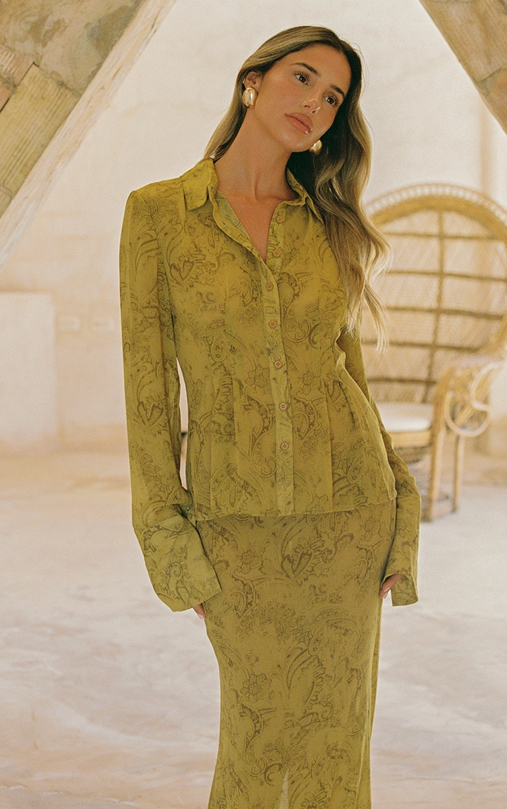 Chartreuse Abstract Print Chiffon Fishtail Maxi Skirt image 4