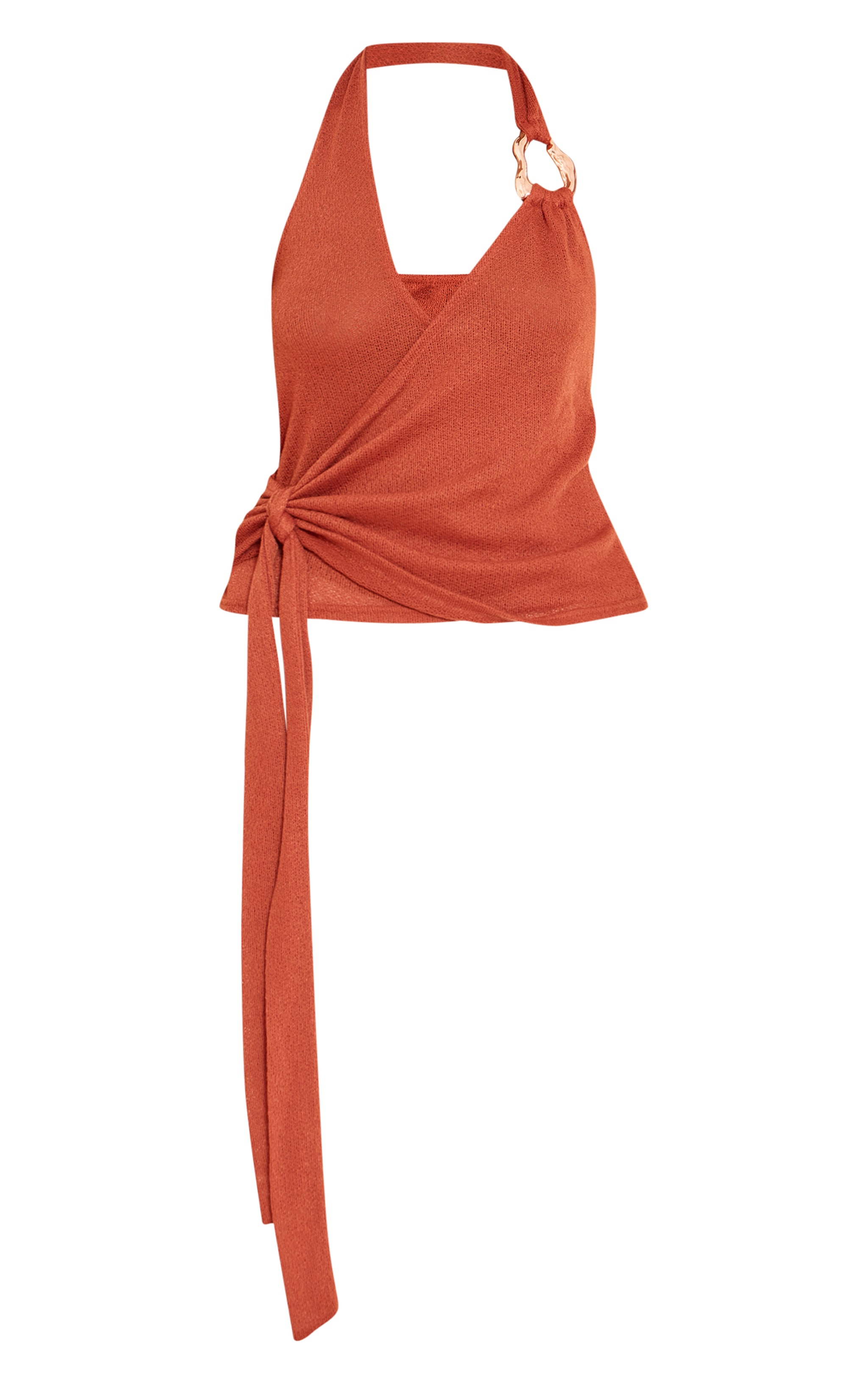 Rust Tie Detail Halter Neck Trim Knit Top image 5