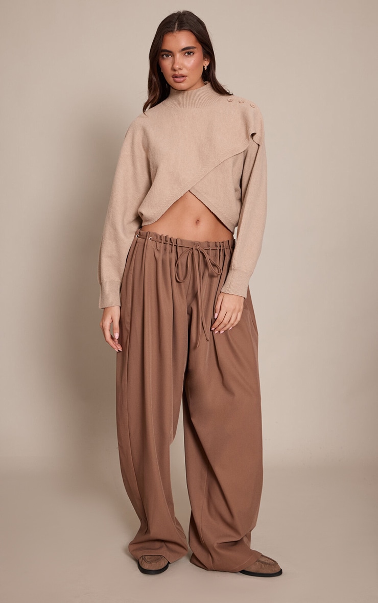 Light Brown Pleated Eyelet Waistband Wide Leg Pants