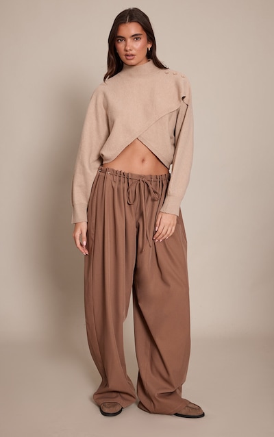Light Brown Pleated Eyelet Waistband Wide Leg Trousers