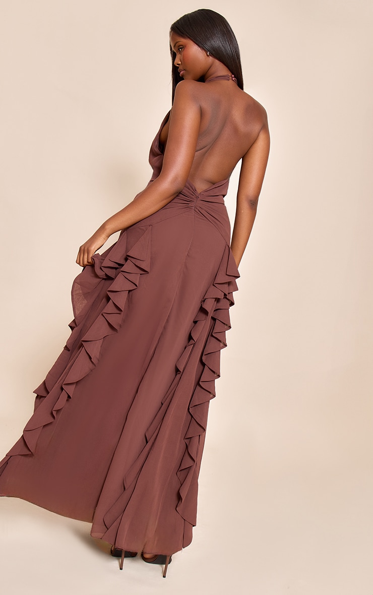 Chocolate Plunge Ruched Frill Detail Maxi Dress image 2