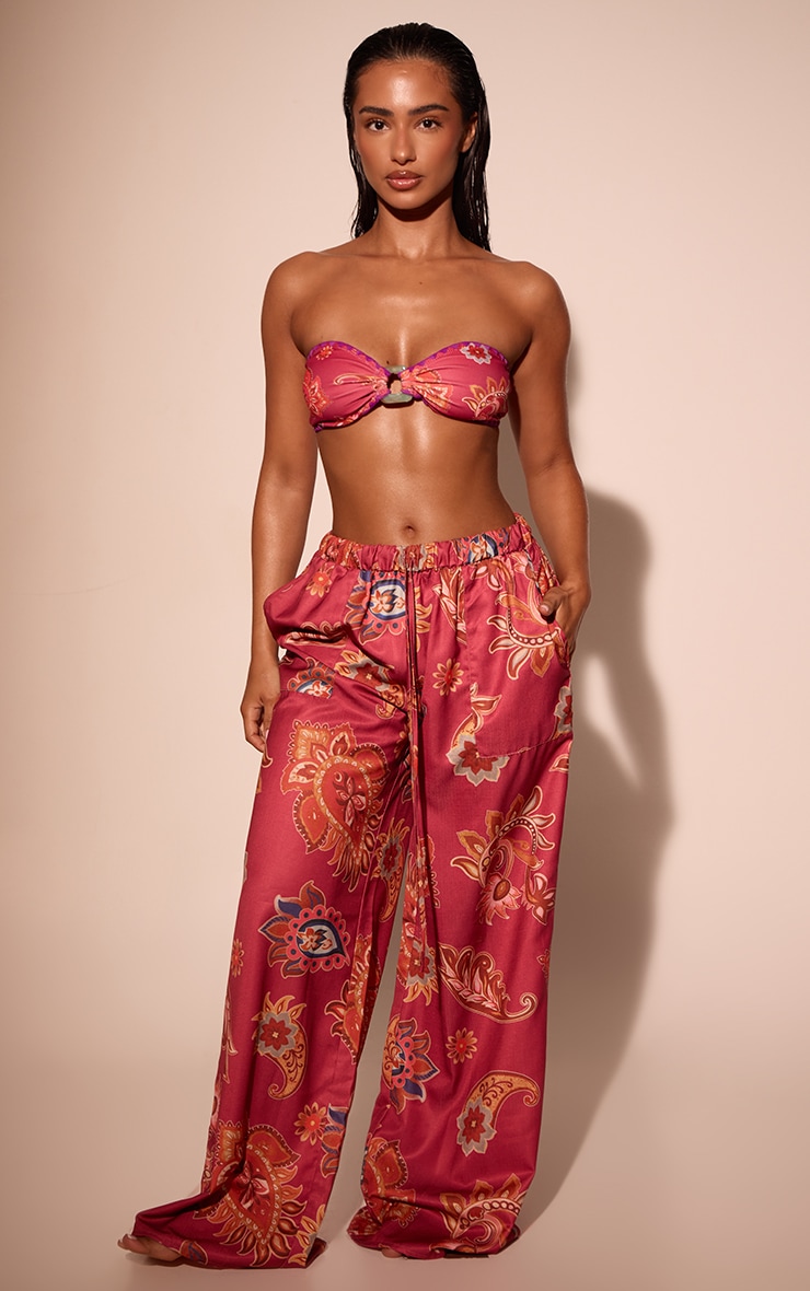 Hot Pink Paisley Print Linen Look Drawstring Beach Pants