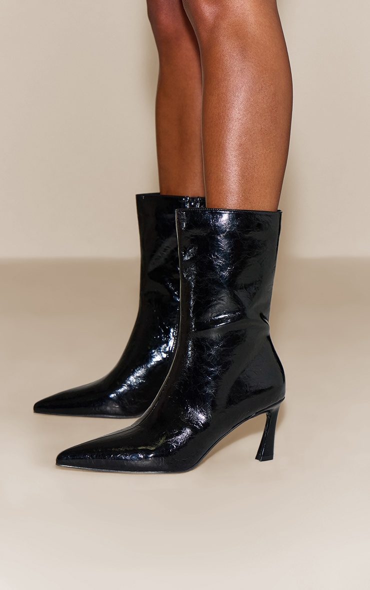 Black Crinkle PU Kick Heel Ankle Boot image 1