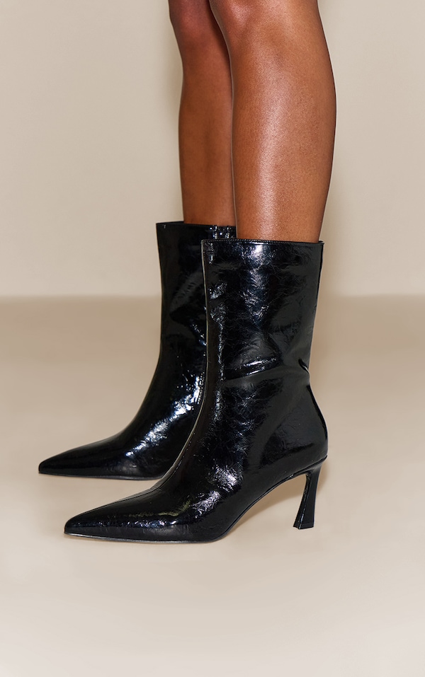 Black Crinkle PU Kick Heel Ankle Boot