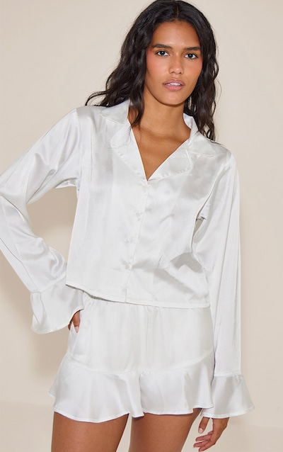 White Flute Sleeve Satin Short Pj Set