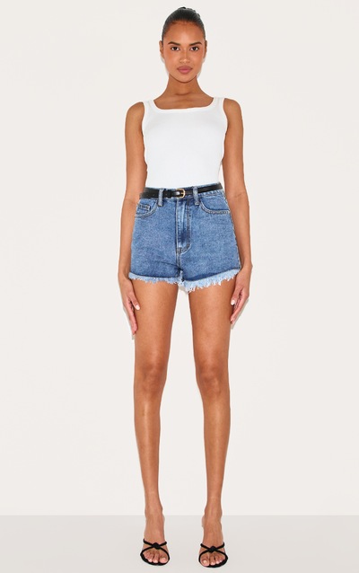 Mid Blue Wash Frayed Hem Denim Shorts