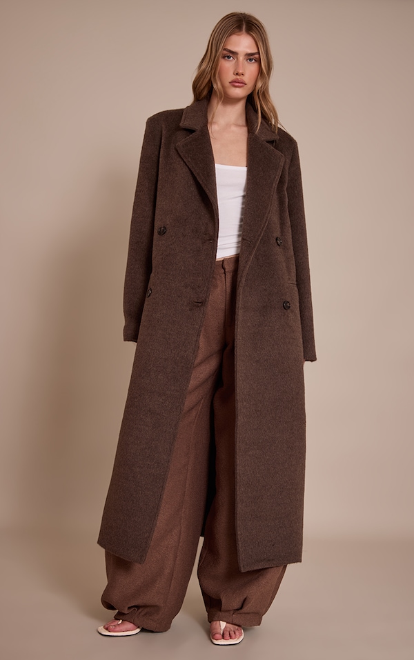 Chocolate Structured Double Breasted Wool Look Maxi Coat