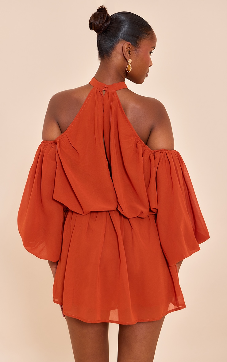 Rust Chiffon Ruffle Off Shoulder Romper image 2