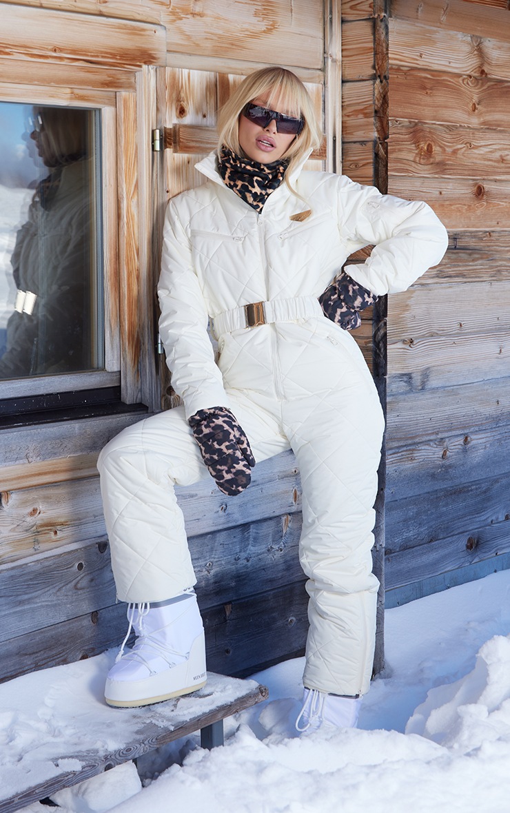 PRETTYLITTLETHING SKI Cream Diamond Quilted Belted Snowsuit image 3