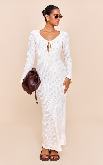 Cream Textured Keyhole Tie Detail Long Sleeve Bodycon Dress