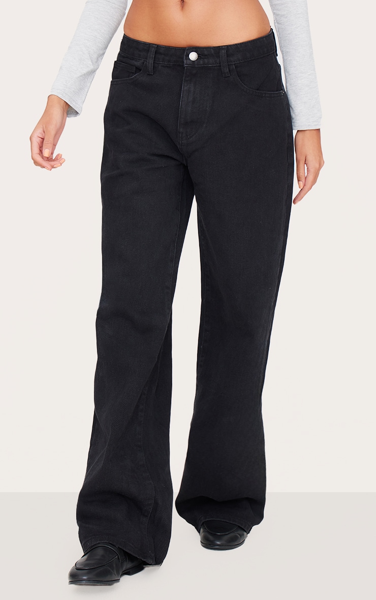 【Anyone more】Mochi Black Washing Denim Wide Pants Black Wash Baggy Wide Leg Jeans with Star Patches | Minga