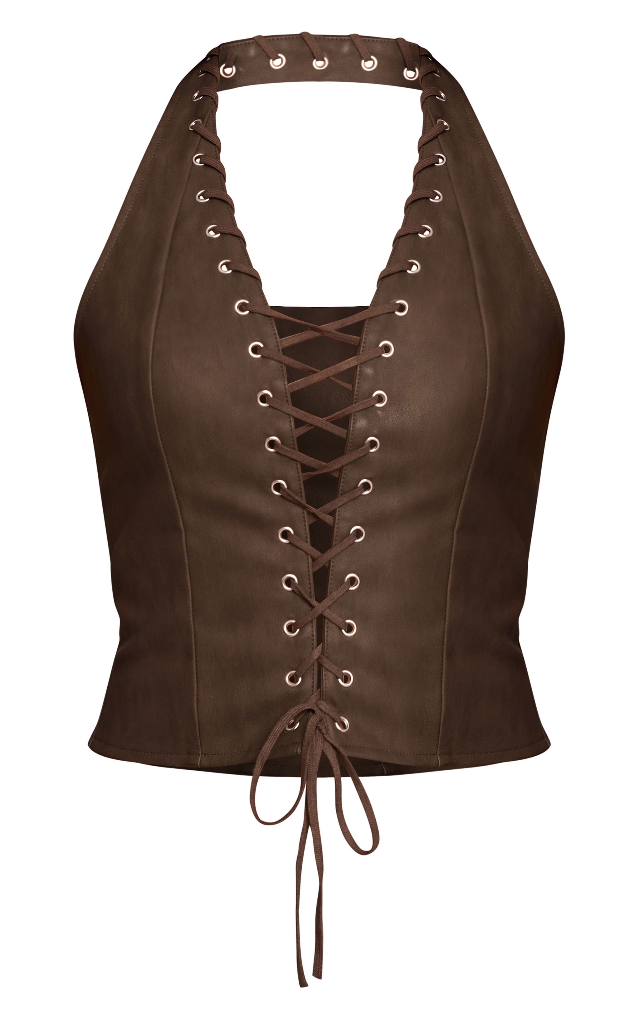 Olive Washed Faux Leather Halter Neck Lace Up Corset image 5