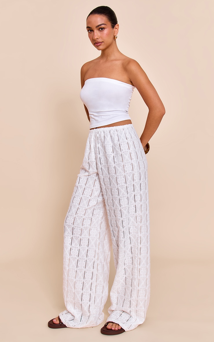 White Crochet Textured Wide Leg Pants image 4