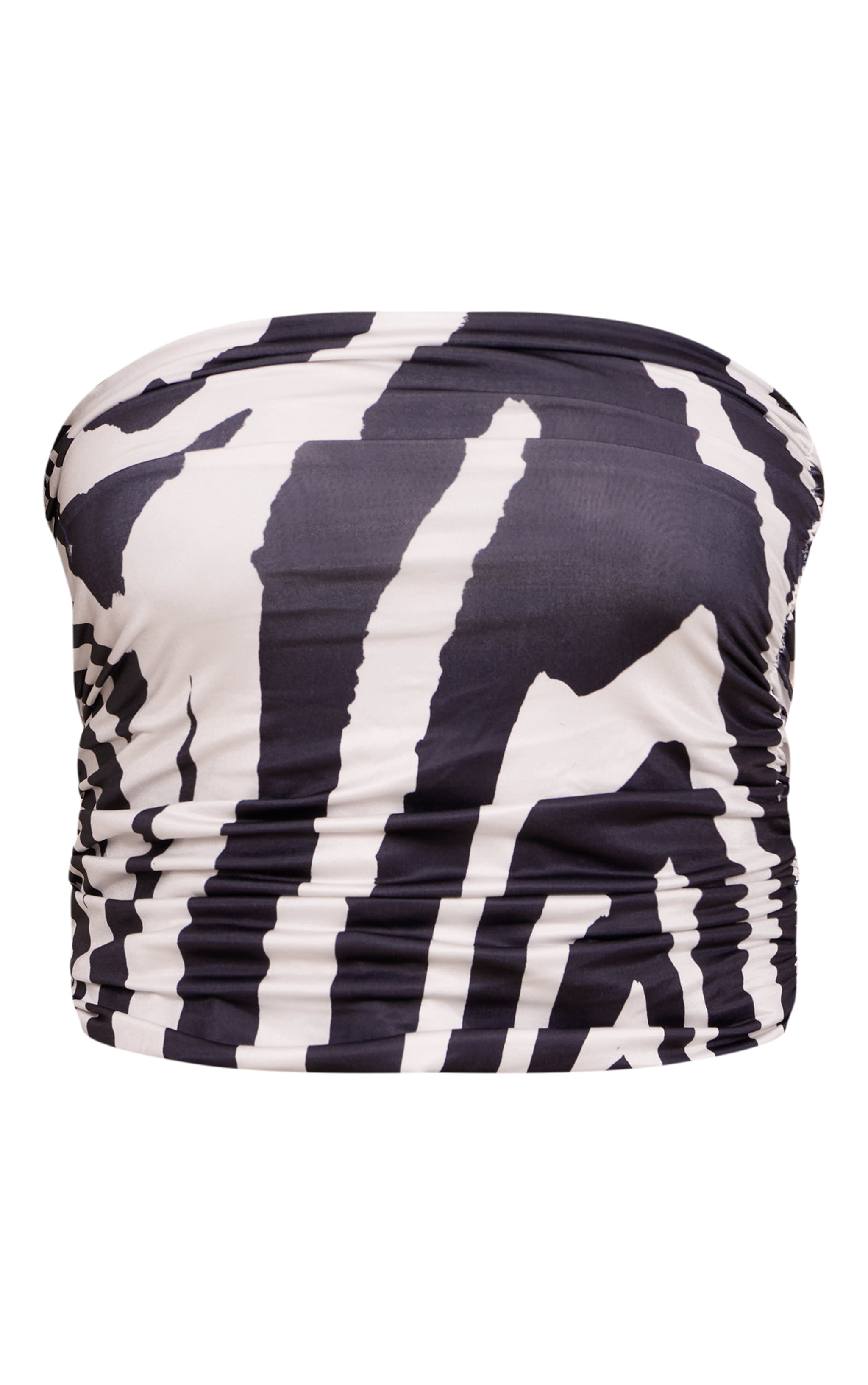 Black Zebra Print Double Layer Slinky Ruched Bardot One Shoulder Top image 5