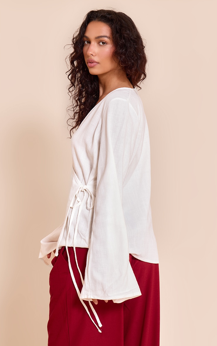 Cream Lightweight Woven Flared Sleeve Wrap Detail Shirt image 2