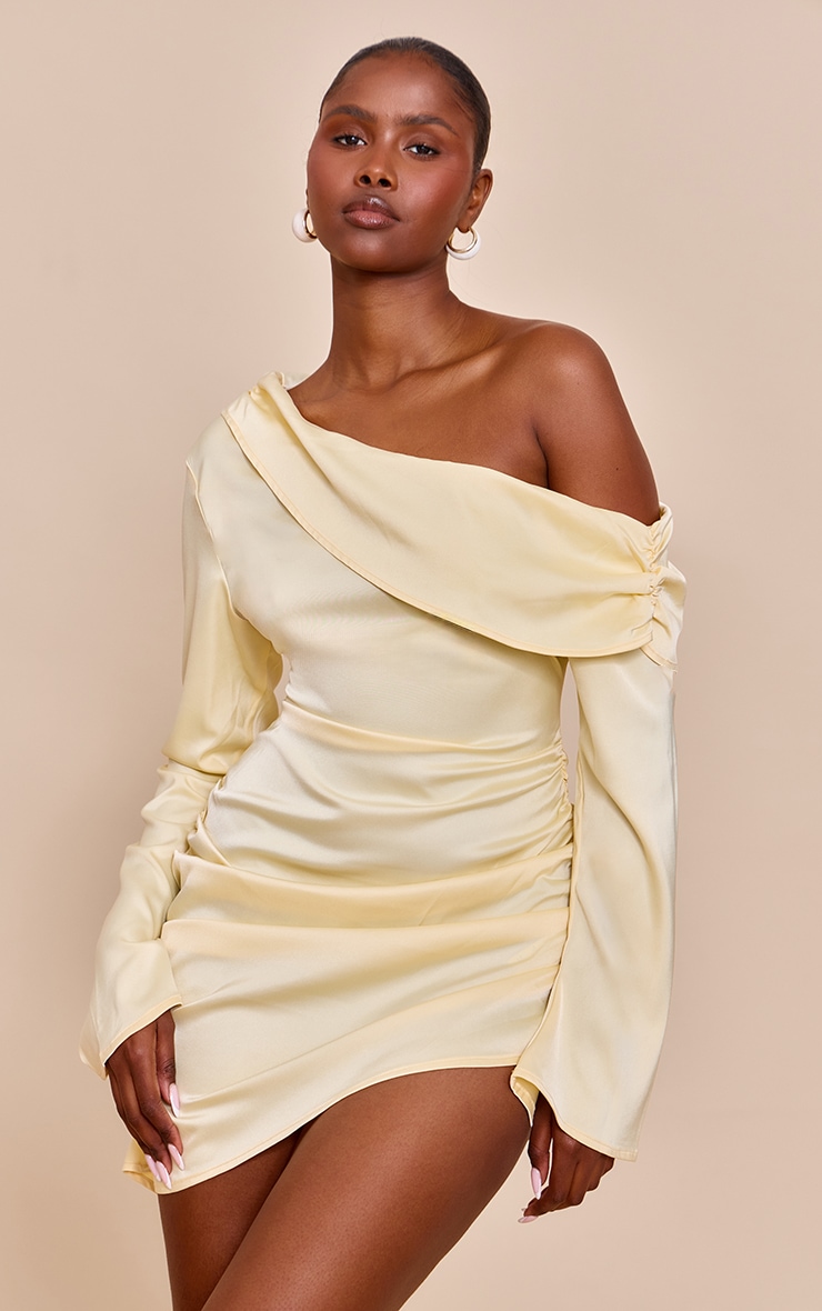 Butter Cream Satin One Shoulder Drape Bodycon Dress image 1