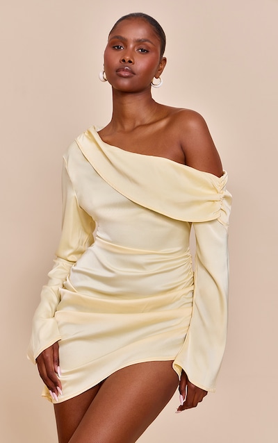 Butter Cream Satin One Shoulder Drape Bodycon Dress