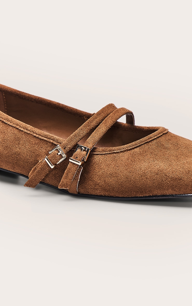 Tan Faux Suede Buckle Strap Square Toe Ballet Flats image 5
