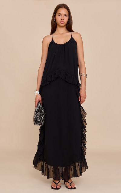 Black Chiffon Frill Cami Maxi Dress
