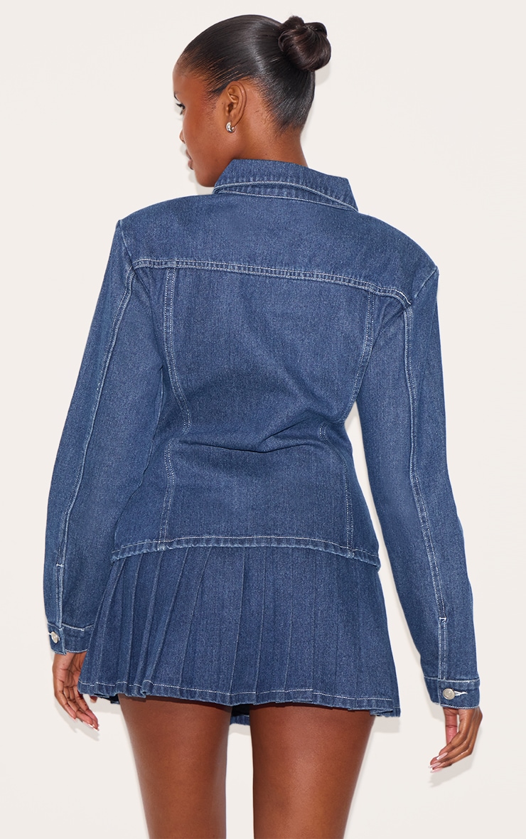 Dark Blue Shoulder Pad Cinch Waist Denim Trucker Jacket image 2