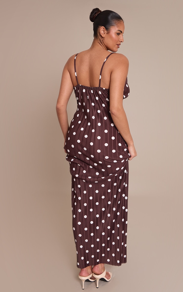 Plus Chocolate Polka Dot Printed Plisse Cowl Neck Maxi Dress image 2
