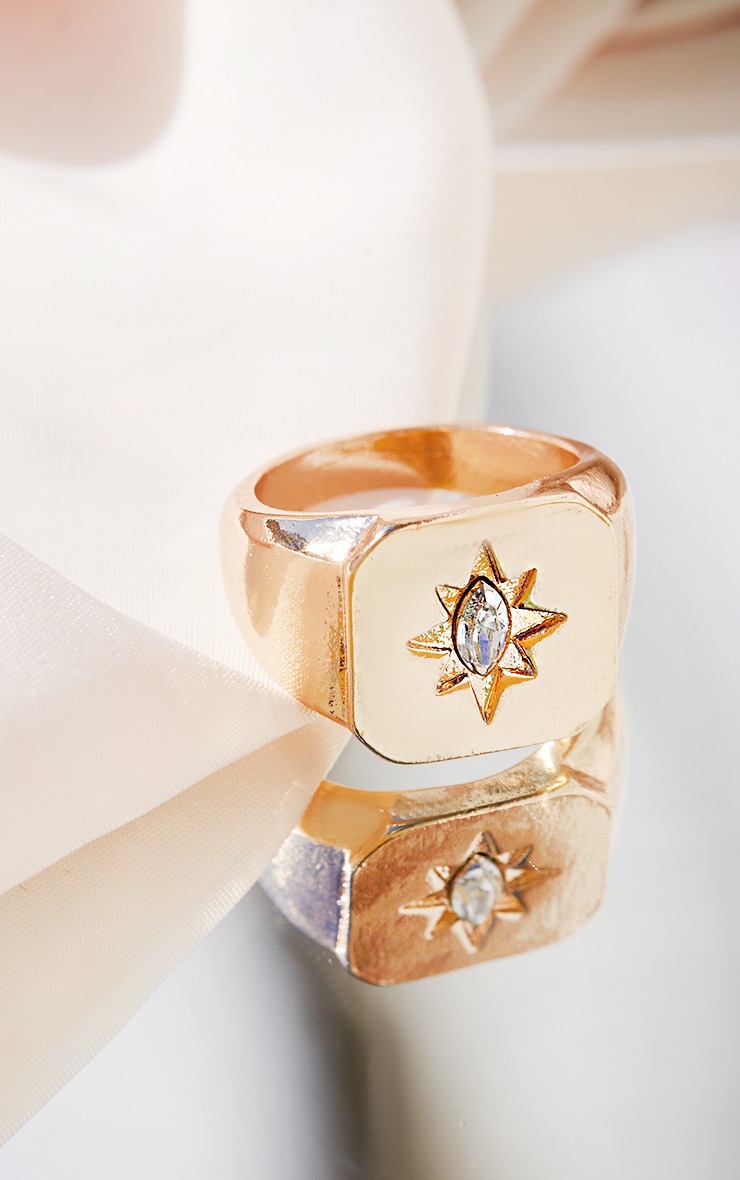 Bague doré à gravure étoile et diamant fantaisie, Doré