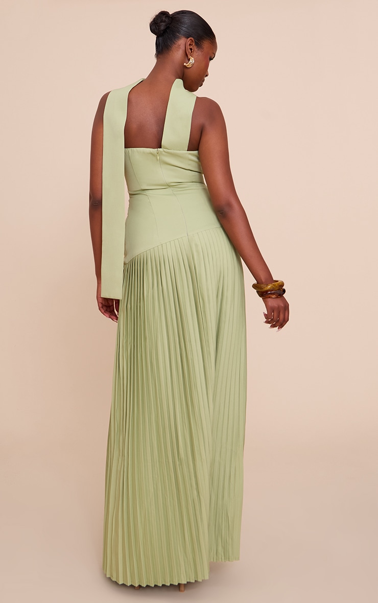 Sage Green Woven Asymmetric Pleated Maxi Dress image 2