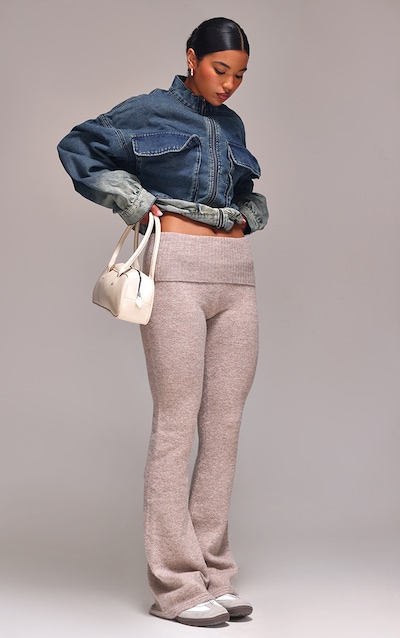 Taupe Melange Soft Knit Foldover Waist Flared Pants