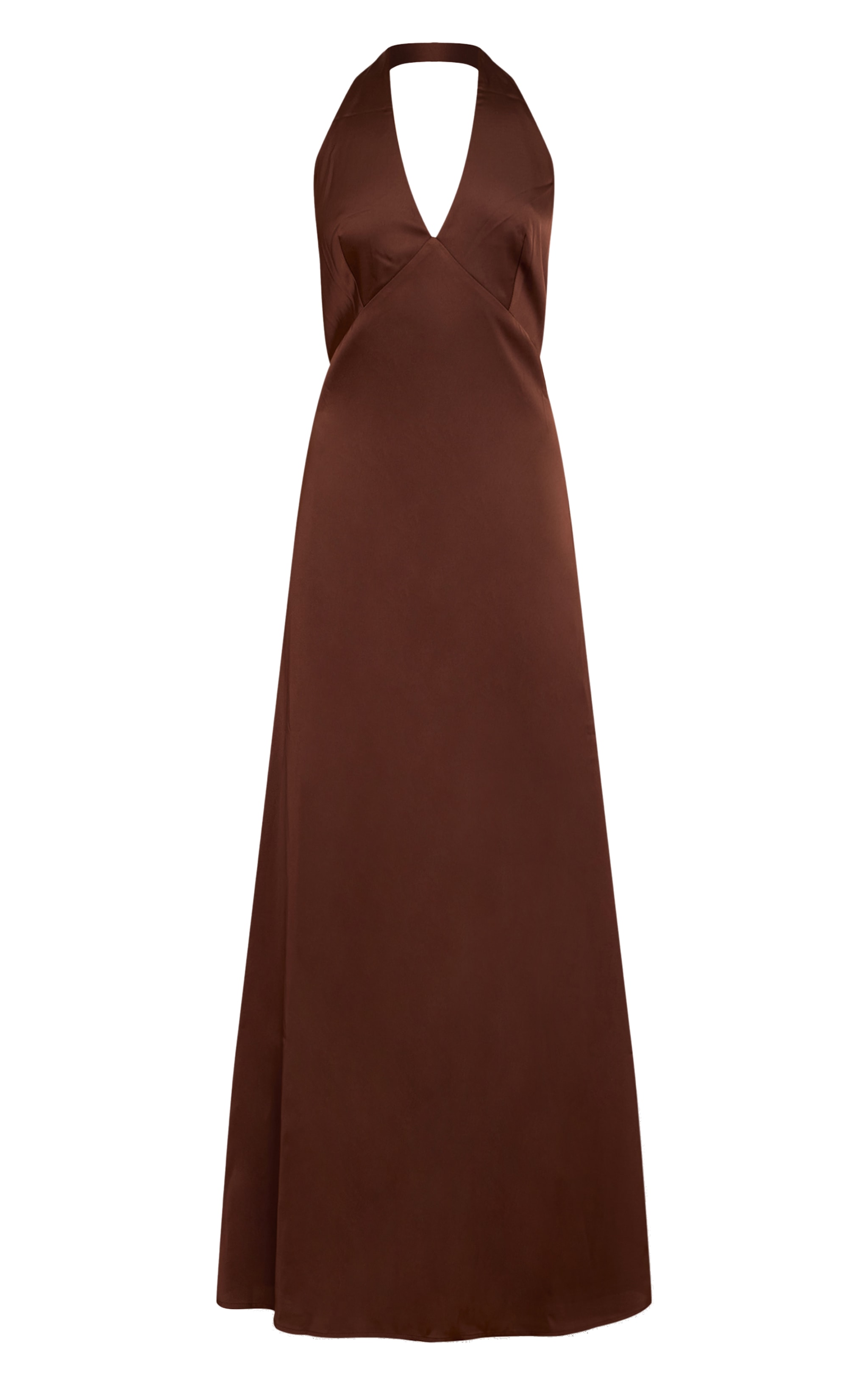 Robe longue satinée chocolat à col en V image 5