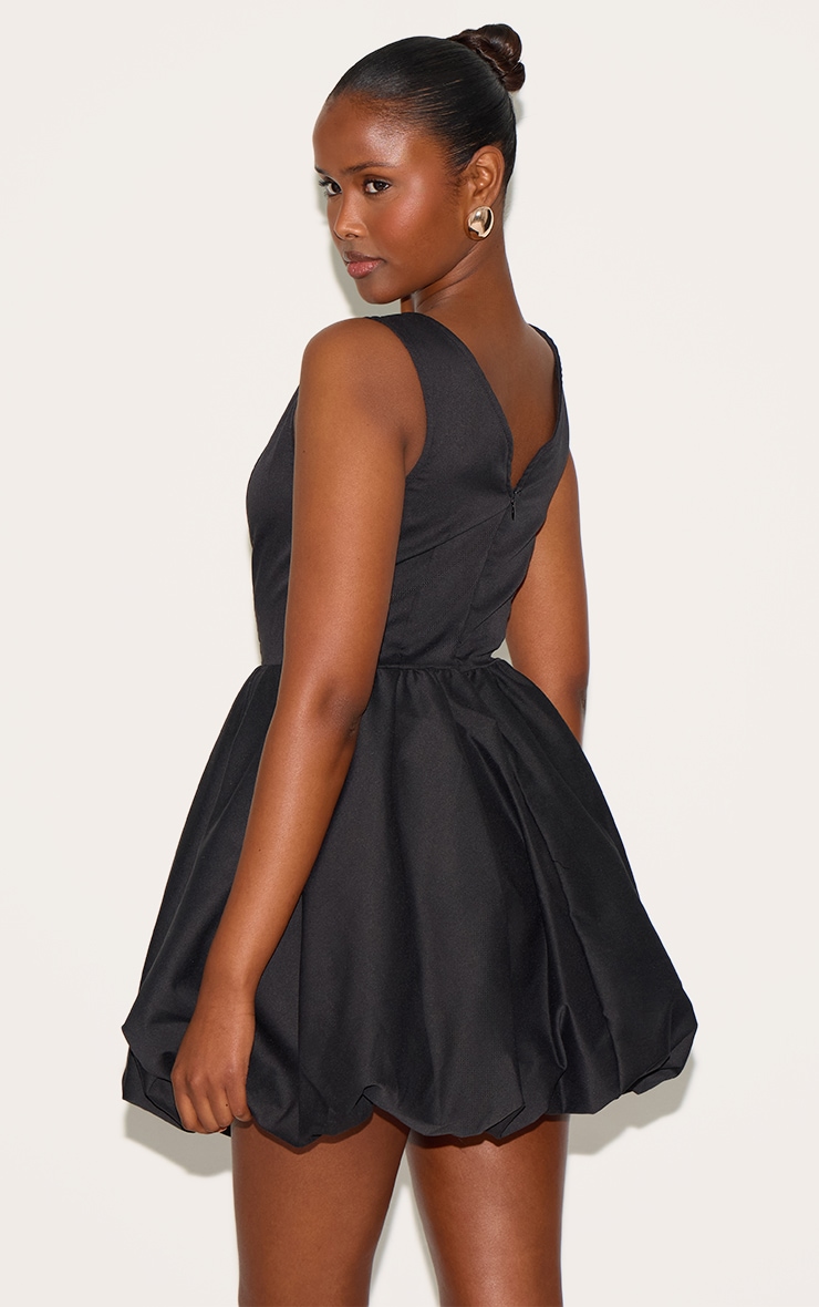 Black Tailored Woven V Neck Puffball Mini Dress image 2