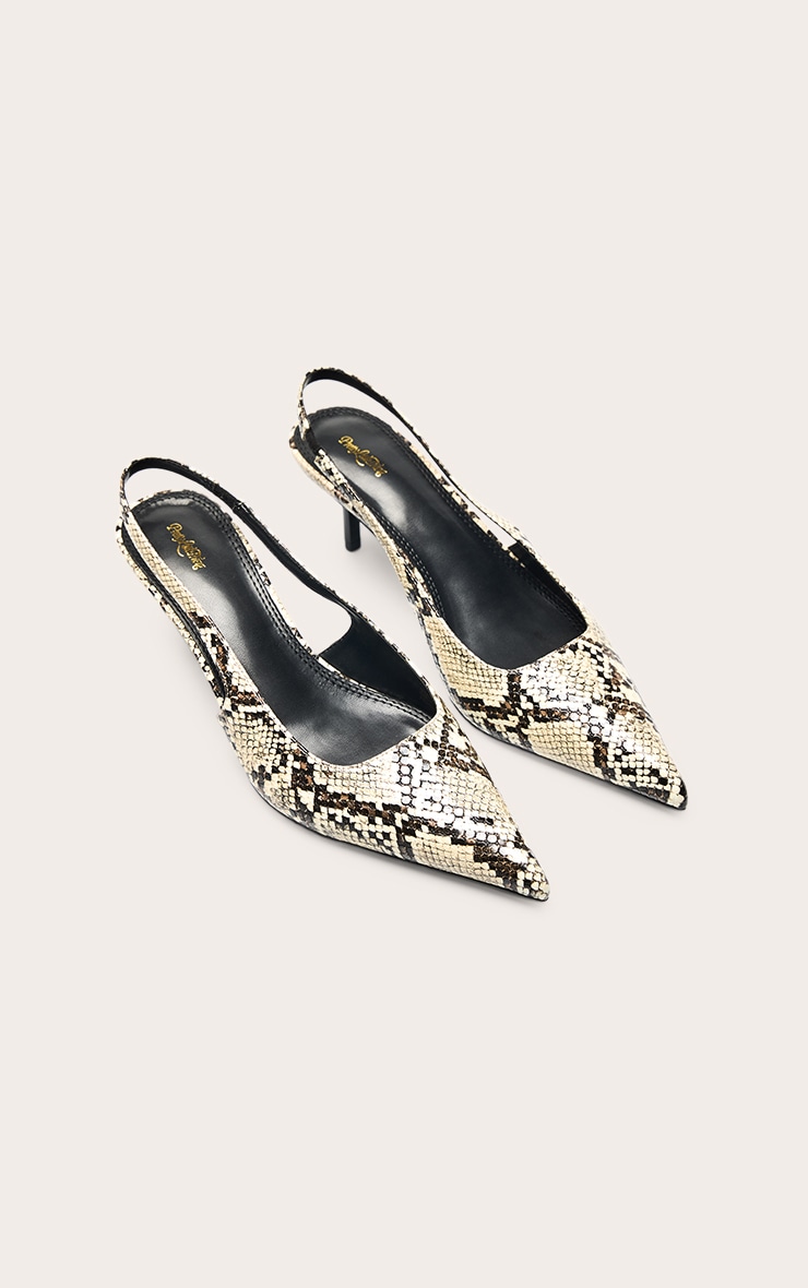 Beige Snake Point Toe Heeled Sling Back image 3