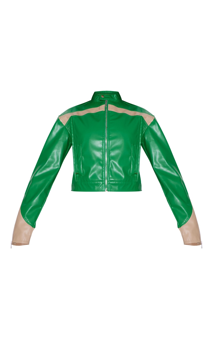 Veste en PU vert style course à bouton sur le col image 5