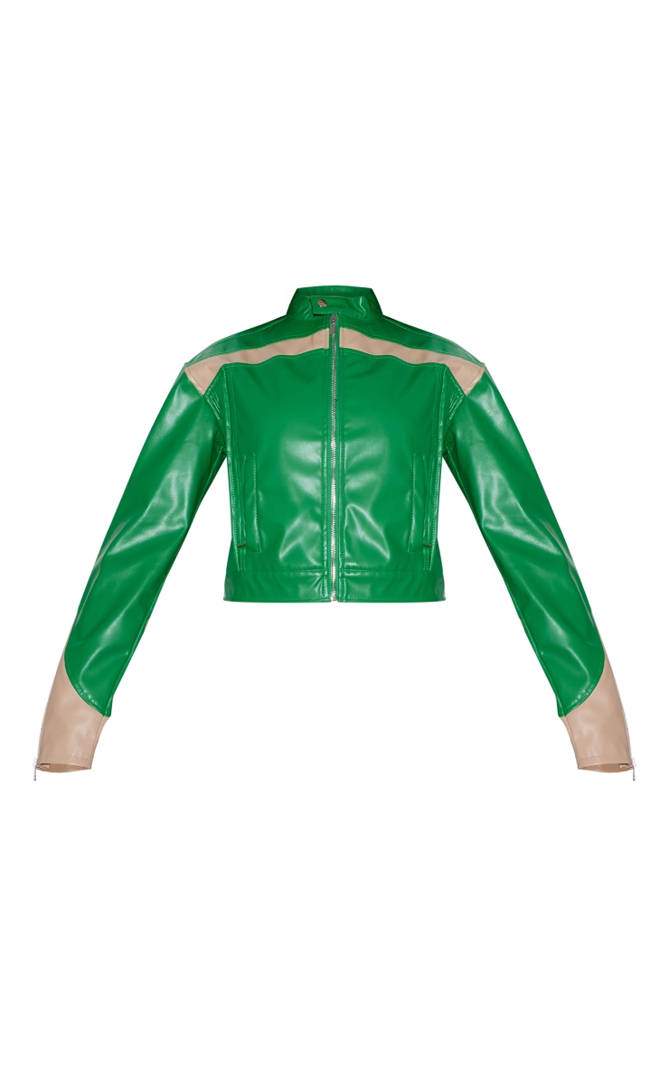 Green PU Racer Neck Pleated Detail Jacket image 5