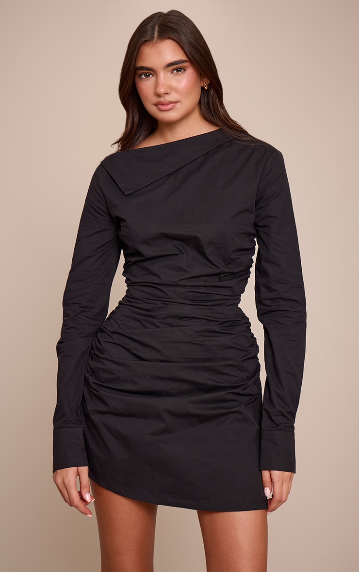 Black Cotton Poplin Ruched Long Sleeve Shirt Dress