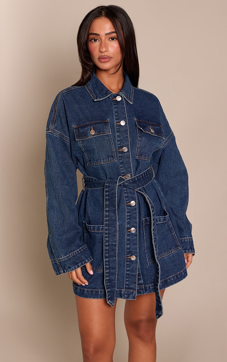 Petite Mid Blue Utility Pocket Tie Waist Denim Dress image 1