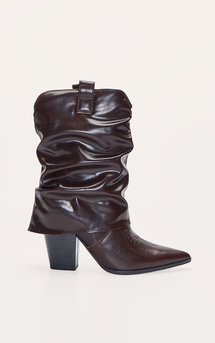 Chestnut PU Point Toe Fold Over Western Heeled Ankle Boots image 2