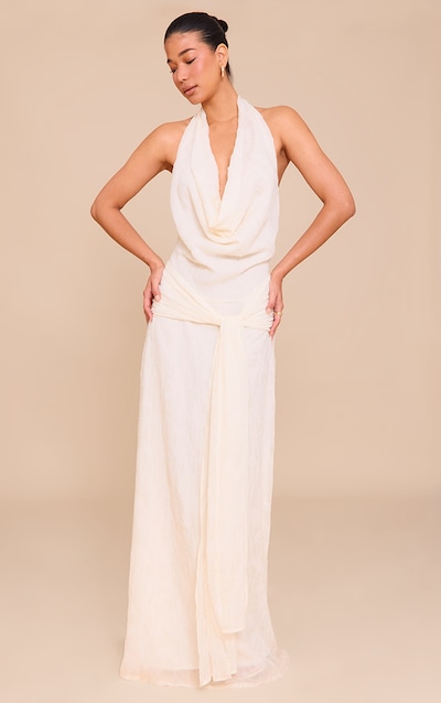Robe longue texturée non colorée à col bénitier et partie nouée