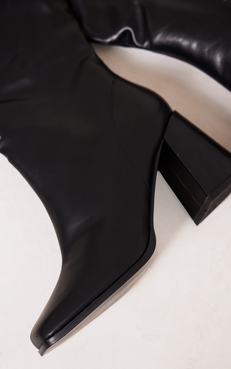 Black Wide Fit PU Square Toe Knee High Block Heeled Boots image 4
