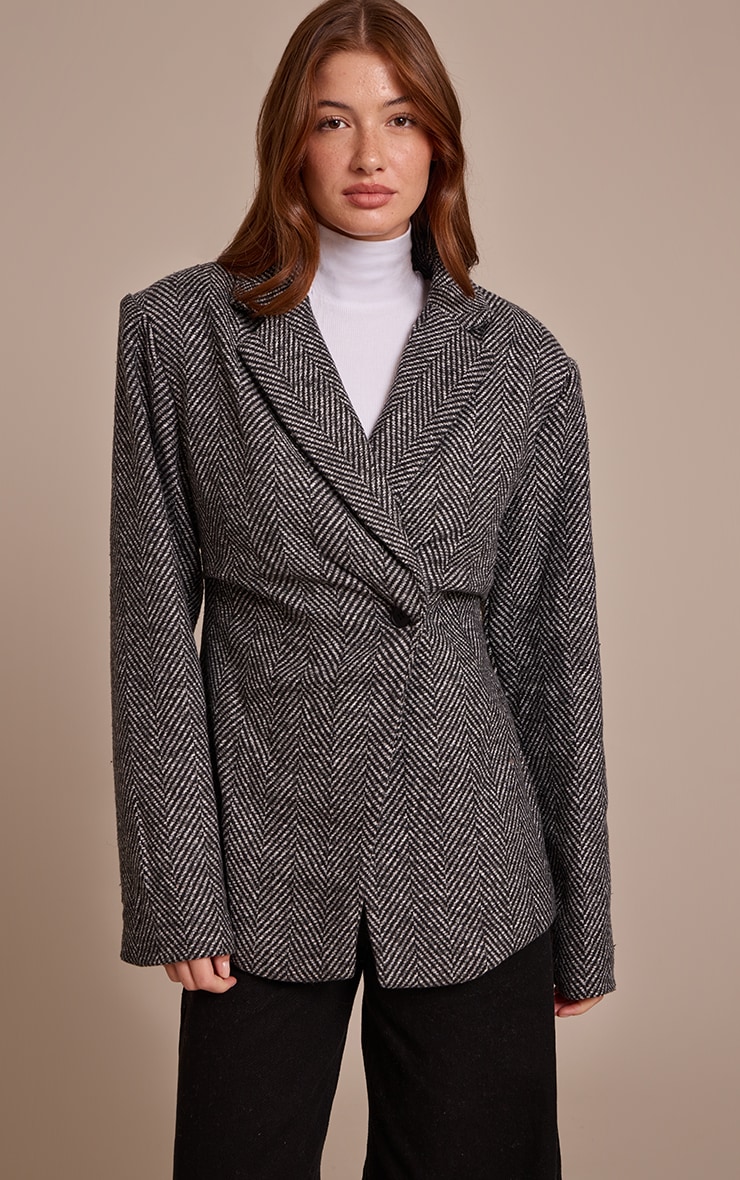 Grey Herringbone Gathered Cinched Waist Blazer image 1