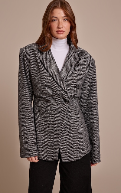 Grey Herringbone Gathered Cinched Waist Blazer