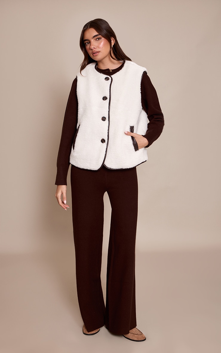 Cream Borg Faux Leather Trim Gilet image 3