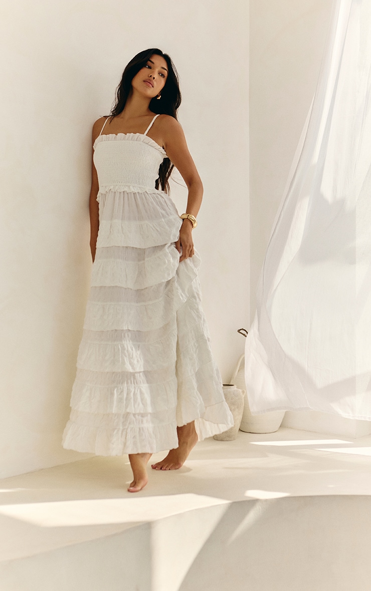 White Textured Shirred Tiered Maxi Dress image 1