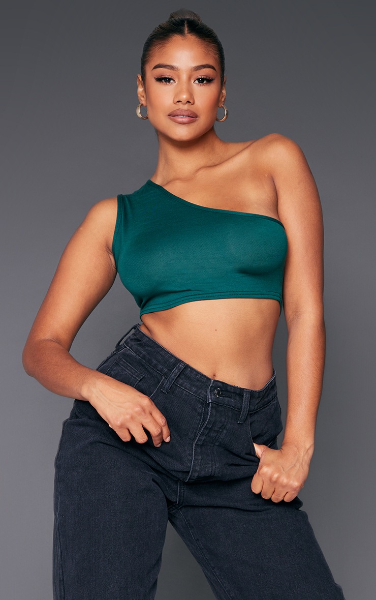 Forest Green One Shoulder Jersey Crop Top