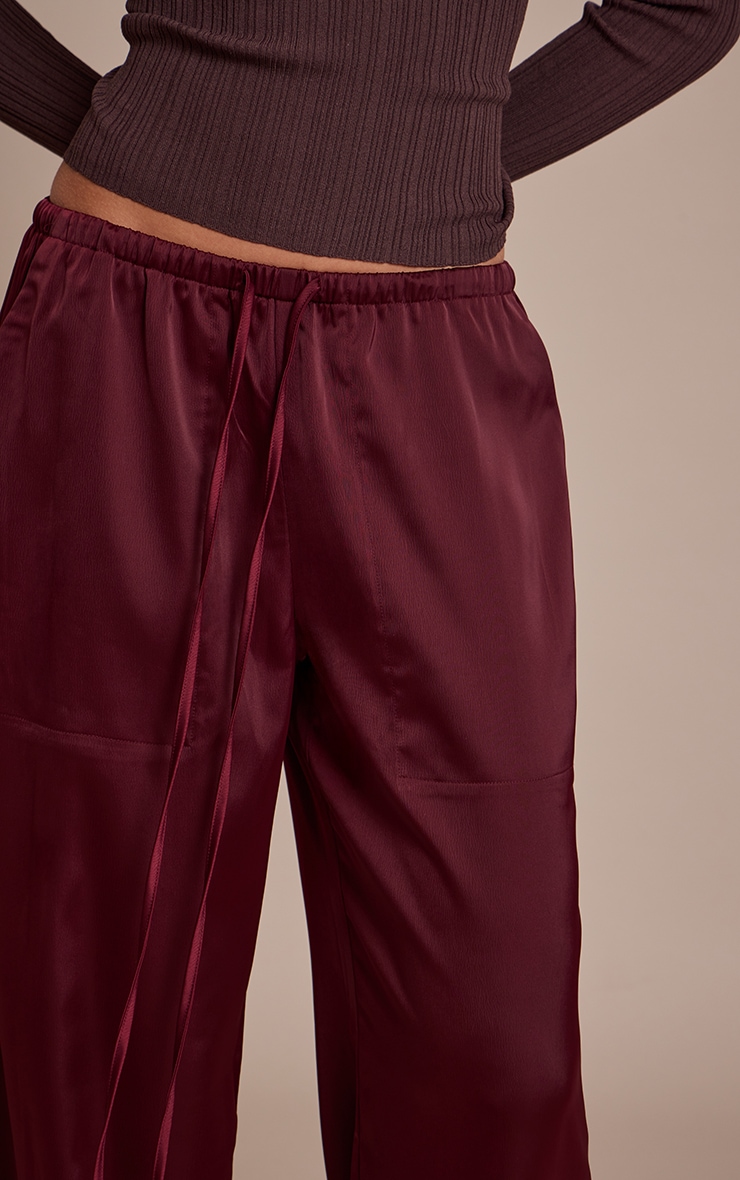 Burgundy Satin Low Rise Wide Leg Drawstring Pants image 4