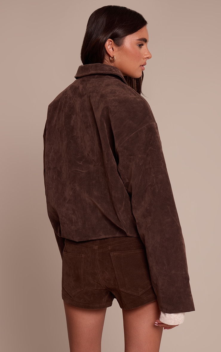 Dark Brown Suede Zip Up Pleated Cropped Jacket image 2